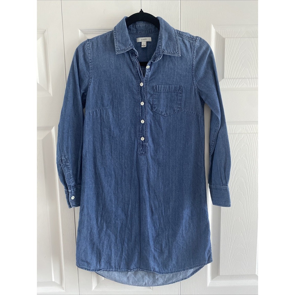 J.Crew Chambray Popover Shirt Dress Womens Size 0 Blue Denim Mini Cotton Classic